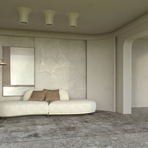 Modern minimalist interior with a curved sofa, neutral tones, and contemporary lighting.