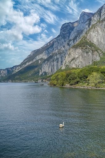 Como lake in Italy, view from Lecco, with mountains in background