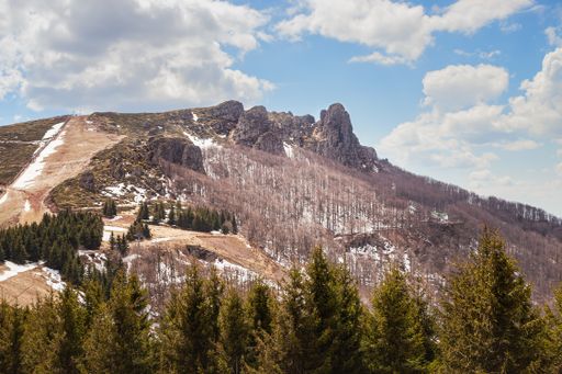 The Old mountain in Serbia with snow areas under the cloudy sky and dense trees in the foreground