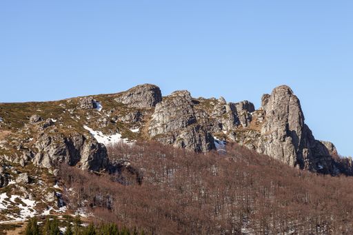 The Old mountain with small snow areas and leafless trees against a cloudy sky in Serbia