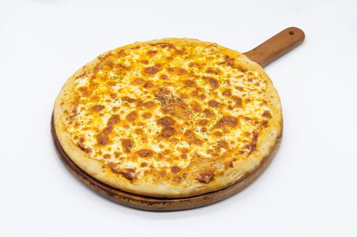 A closeup shot of a tasty pizza on a wooden board isolated on white background