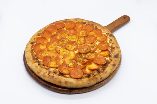 A closeup shot of a tasty pizza on a wooden board isolated on white background