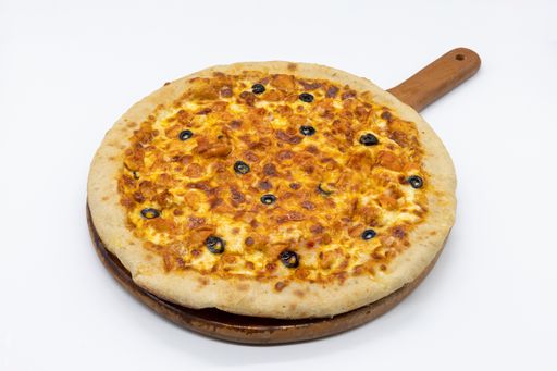 A closeup shot of a tasty pizza on a wooden board isolated on white background