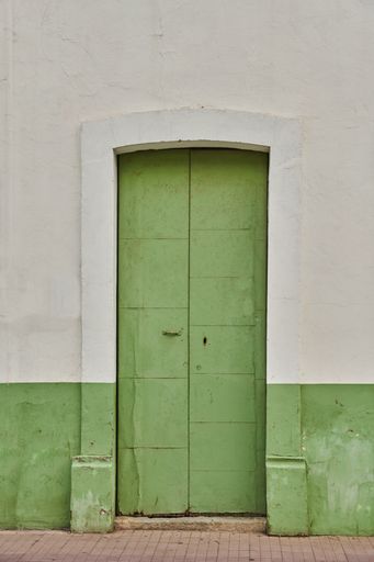 Antique dry green painted wood door facade with copy space