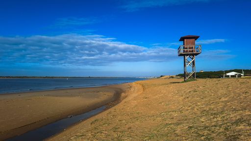 A serene beach landscape featuring a wooden lifeguard tower under a clear blue sky, with gentle waves lapping the shore.