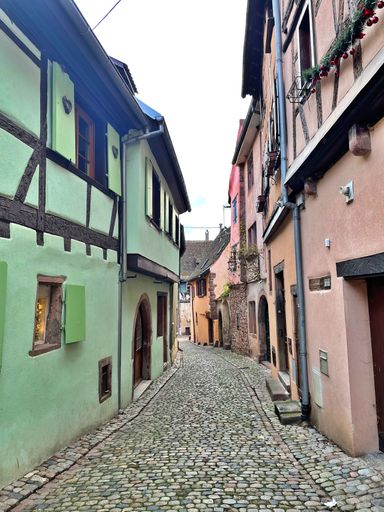Charming cobblestone street with colorful half-timbered houses in a quaint European village, showcasing historic architecture and a serene atmosphere.