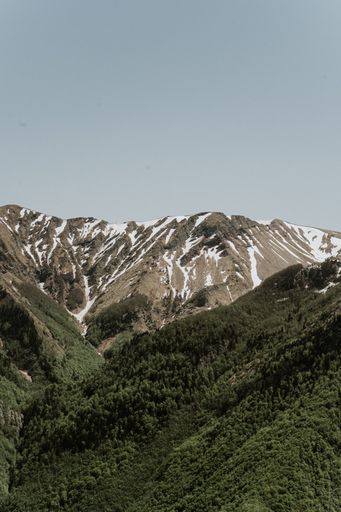 A vertical shot of snowy moutains under a clear sky