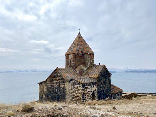 A beautiful shot of the Sevanavank monastery complex overlooking lake Sevan in Armenia