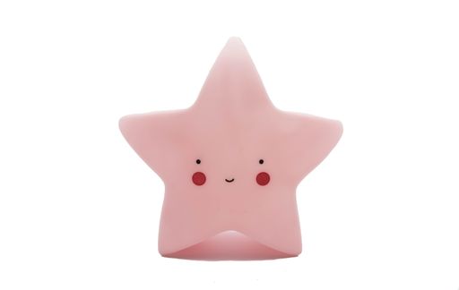 A closeup shot of a pink star toy with a face isolated on a white background