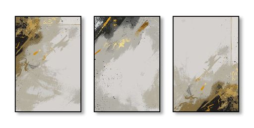 A set of three abstract paintings with gold and black brush strokes on a gray background, ideal for modern interior decor.