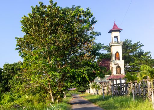A closeup shot of a small wooden tower in the garden with beautiful trees