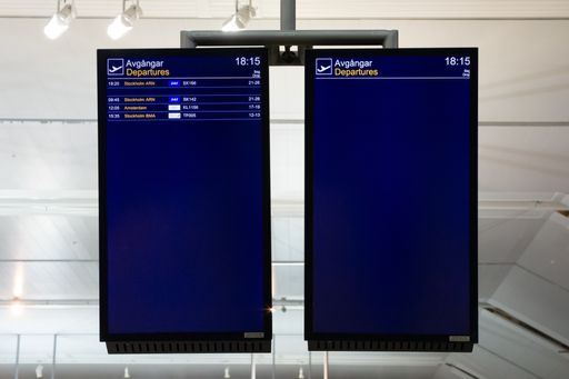 Landvetter, Sweden, April 1, 2020. Monitors showing schedules for airplane. Due to the corona virus, covid-19, almost no aircraft arrive at Landvetter