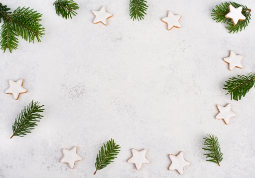 Cinnamon stars, traditional german christmas cookies, gingerbread, empty copy space, fir bran