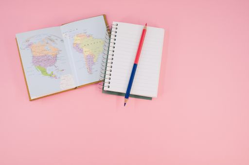 A top view of a two-sided pen and a notebook on a pink surface with text space