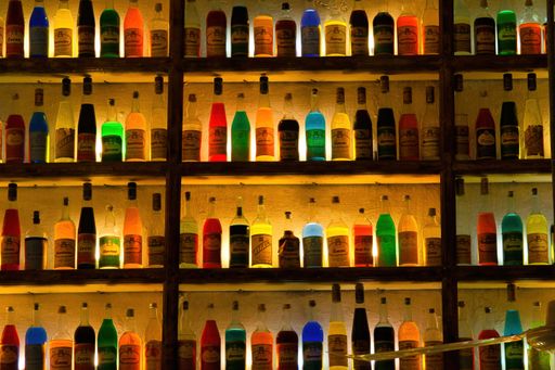 bottles in bar Monastiraki place , under the Acropolis, Athens, Greece 8-30-2021