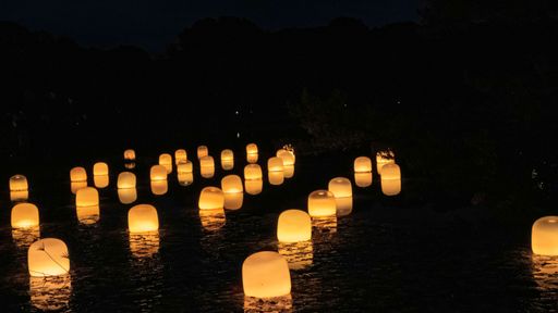 Floating lanterns illuminate a serene night scene on a calm water surface, creating a magical atmosphere.
