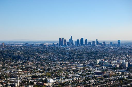 An aerial view of the cityscape of Los Angeles downtown, US