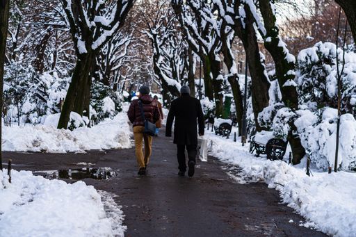 The people walking on a snowy trail in Bucharest, Romania