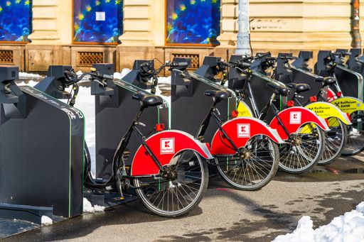 A row of city bikes for rent in Bucharest, Romania