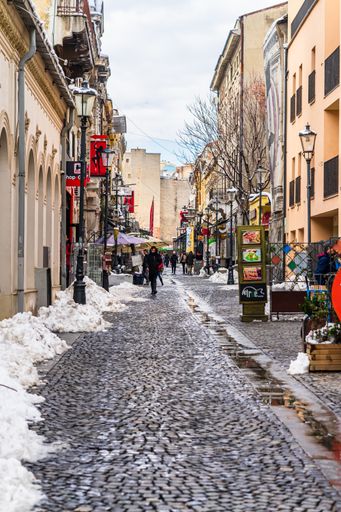 The people walking on a snowy trail in Bucharest, Romania