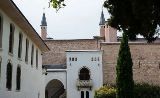 A shot of the Topkapi Palace museum towers from a patio in Istanbul, Turkey