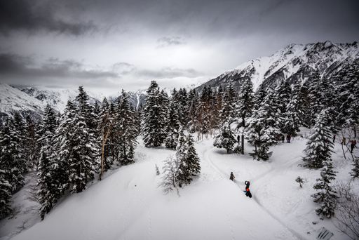 A mountain covered in pine trees and snow under a cloudy sky