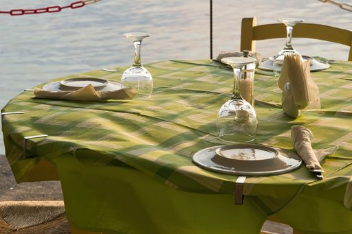 A table with a green tablecloth and dishes