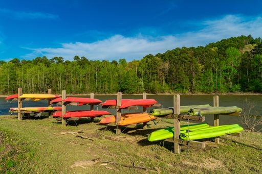 Colorful kayaks stacked on racks by a serene river with lush green trees under a clear blue sky.