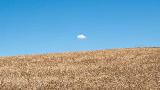 A view of an empty field under the bright blue sky with a piece of cloud