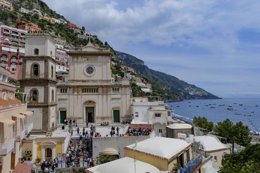 A church in a seaside tourist town on the Amalfi Coast.