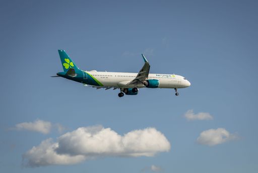 Aer Lingus plane with green and white livery on final approach to Boston