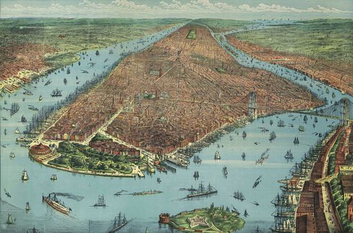 An old vintage colorful map of New York City with the Brooklyn bridge dated back to 1876