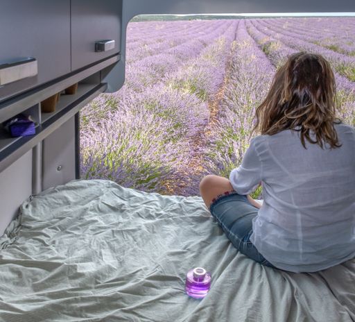 A woman looking at lavender fields from a camper