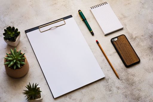 A flat lay shot of a clipboard, a notebook, pens and houseplants on a desk under the sunlight