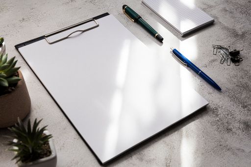 A flat lay shot of a clipboard, a notebook, pens and houseplants on a desk under the sunlight