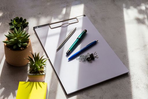 A flat lay shot of a clipboard, a notebook, pens and houseplants on a desk under the sunlight