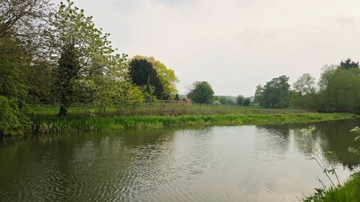 A tranquil riverside scene with lush greenery and a serene water reflection on a cloudy day.