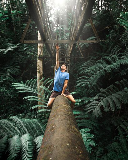 A vertical shot of a caucasian male walking in the jungle, jumping over trees. United States