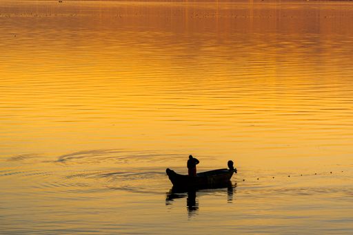 Silhouette of a person fishing on a boat against a golden sunset over calm waters, creating a serene and tranquil scene.