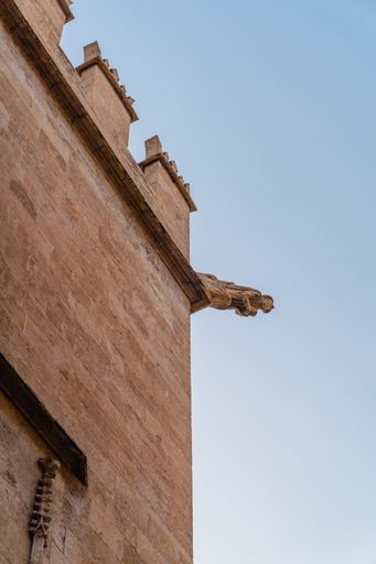A vertical shot of the gargoyle on the famous building of the Lonja de Valencia, Spain.