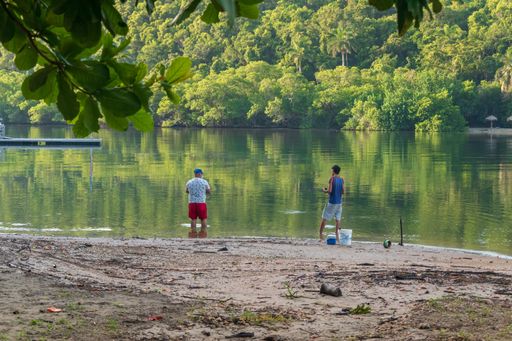 Two people catching fish in a lake surrounded by greenery