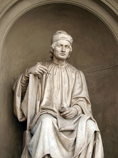A vertical shot of the statue of the famous Italian architect Arnolfo di Cambio. Florence.