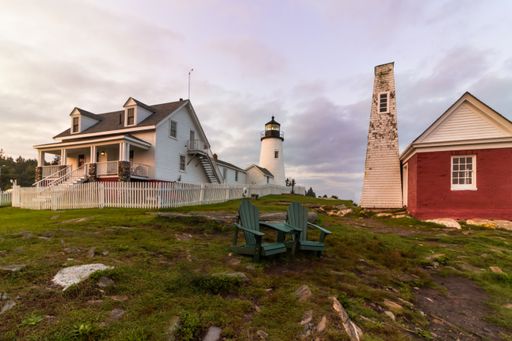 Pemaquid Point Lighthouse in Bristol, Maine, at sunset on a summer evening, coastal Maine tourism