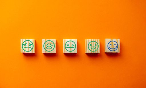 An orange background with emotion tiles to select for customer satisfaction survey