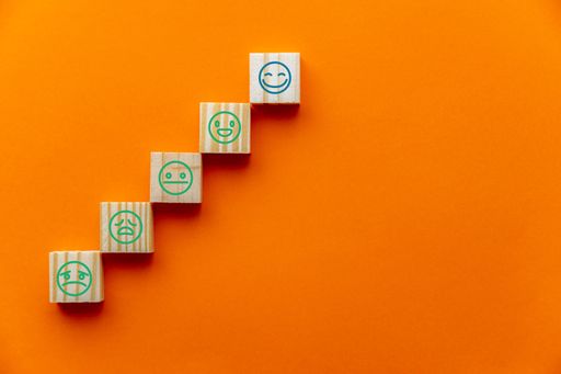 An orange background with emotion tiles to select for customer satisfaction survey