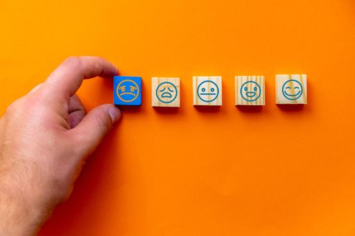 An orange background with emotion tiles to select for customer satisfaction survey