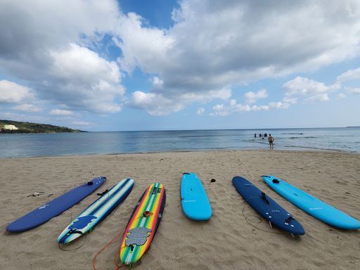 Surfboards lined up on a sandy beach with a calm sea and cloudy sky, people in the distance enjoying the water.