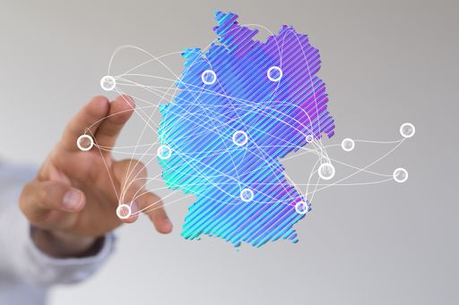A 3D rendering of a digital german map and networking on a blurred background