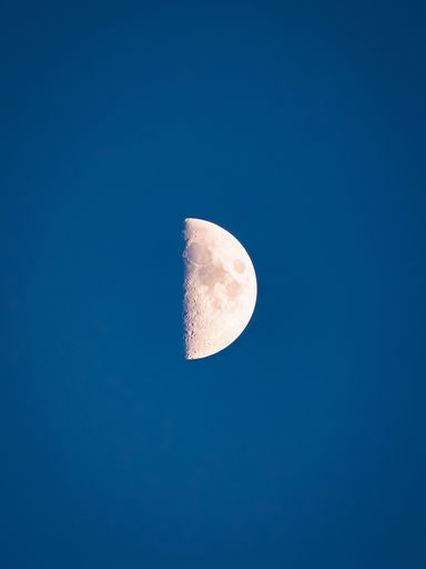 A clear view of the half moon against a deep blue sky during daytime.