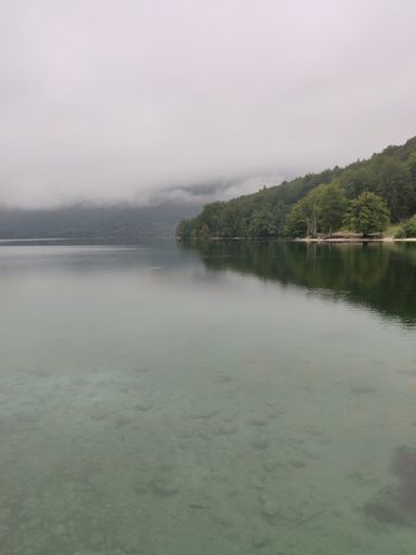 A vertical shot of Bohinj Lake in summer. Triglav National Park, Slovenia.